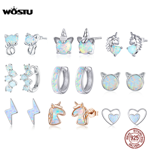 WOSTU-pendientes de plata de ley 925 con Ópalo, joyería con cierre de tuerca, con diseño de gato, unicornio, corazón, pendientes ópalos azules, 925 ► Foto 1/6