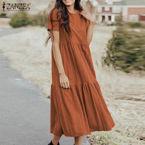 Mujer elegante volantes Vestido verano Sundress pantalón corto Casual manga sólida partido Vestido ZANZEA Vintage Kaftan vestidos batas de mujer 7 ► Foto 1/1