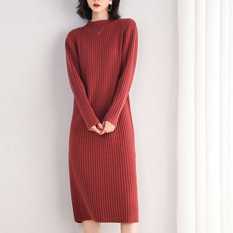 Vestido de suéter de alta calidad para mujer, Jersey grueso con cuello redondo de Color sólido hasta la rodilla, corto de otoño e invierno, rojo, rosa y negro, novedad ► Foto 1/6