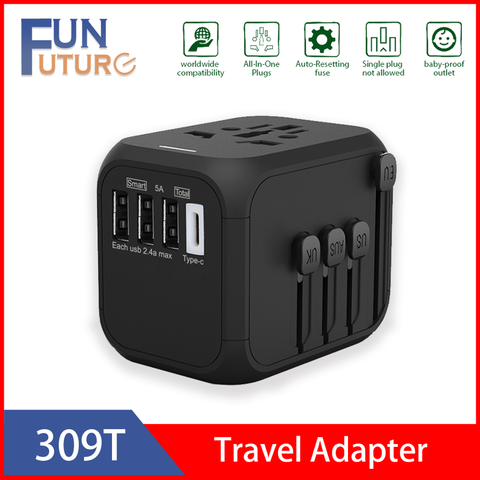 Adaptador de enchufe de viaje, adaptador de corriente Universal internacional 309T, todo en uno, 5V, 2.4A, USB tipo c, US, UK, UE, AU, Asia, Cargador USB de viaje ► Foto 1/6