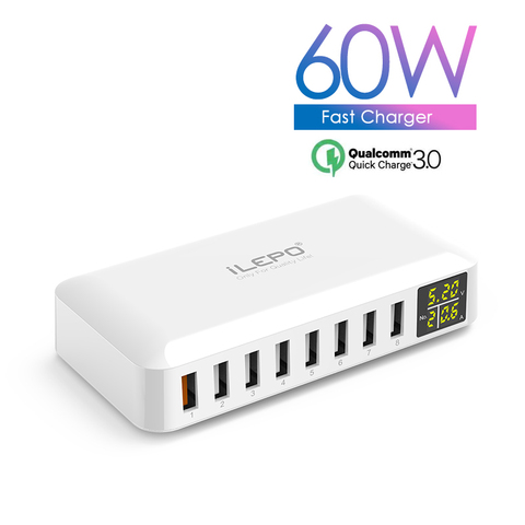 ILEPO-cargador rápido con 8 puertos, 60W, QC3.0, con Cable, estación de carga, enchufe US, AU, EU, UK, KR, para iphone, ipad, PC, Kindle ► Foto 1/6