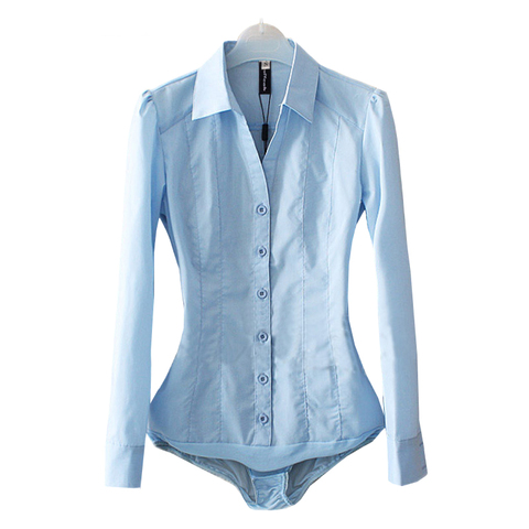 Blusa de oficina de manga larga con cuello de pico para mujer, Camisa lisa con botones de blusa, color azul claro y blanco ► Foto 1/6