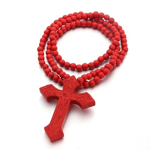 Collar con colgante de Cruz INRI de Jesús para hombre, de madera, color negro y rojo, collar tallado con cuenta de madera, regalo de joyería religiosa ► Foto 1/5