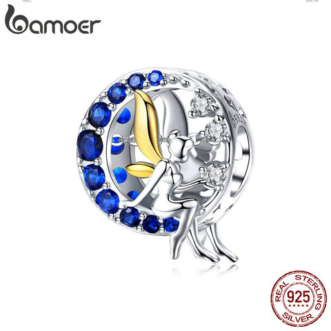 BAMOER-abalorios de plata de ley 925 para mujer, cuentas redondas de Ángel Lunar, Luna Azul, fabricación de joyas, pulsera, joyería, BSC070 ► Foto 1/6