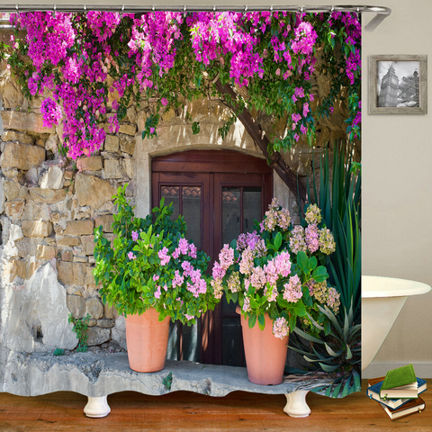 Cortinas de ducha impermeables con flores para baño, decoración lavable de tela de poliéster, panorámica con flores ► Foto 1/6