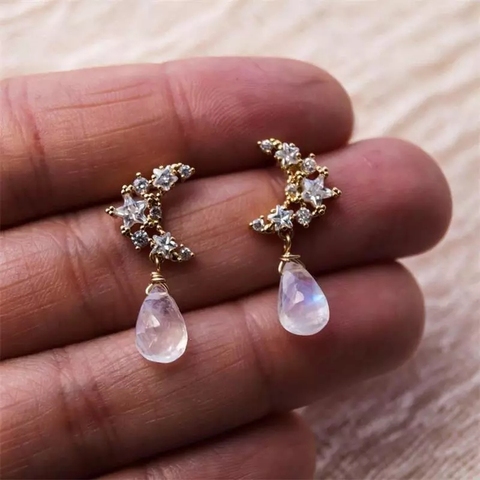 Pendientes colgantes de luna creciente de cristal blanco, Pendientes colgantes de piedra lunar para mujer, joyería Boho para fiesta de boda femenina ► Foto 1/6