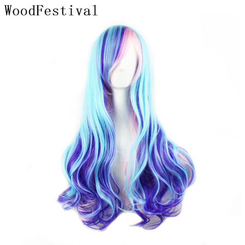 WoodFestival Rosa Azul Rojo sintético largo Peluca de pelo con flequillo ondulado de color Cosplay pelucas para mujeres verde marrón blanco gris arco iris ► Foto 1/6