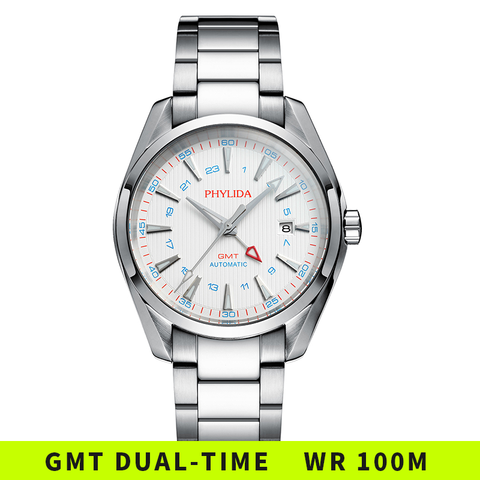 10BAR 100M resistente al agua automático GMT reloj de moda de lujo mecánico reloj de pulsera sólido SS zafiro blanco Dial ► Foto 1/6