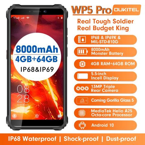 OUKITEL-móvil WP5 Pro, 4GB + 64GB, Android 10, 8000 pulgadas, 5,5 mAh, Triple Cámara, desbloqueo de reconocimiento de huella dactilar, resistente al agua IP68 ► Foto 1/5