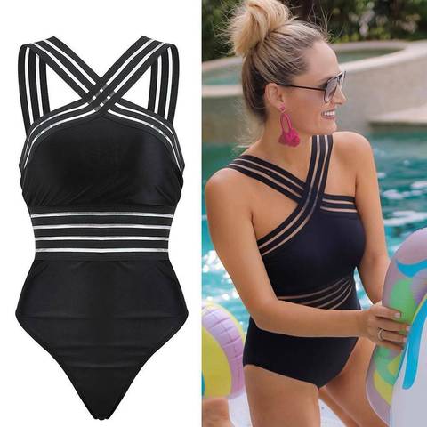 Bikini de una pieza con rayas negras para mujer, bañador Sexy, Monokini de realce, triangular, para playa ► Foto 1/6