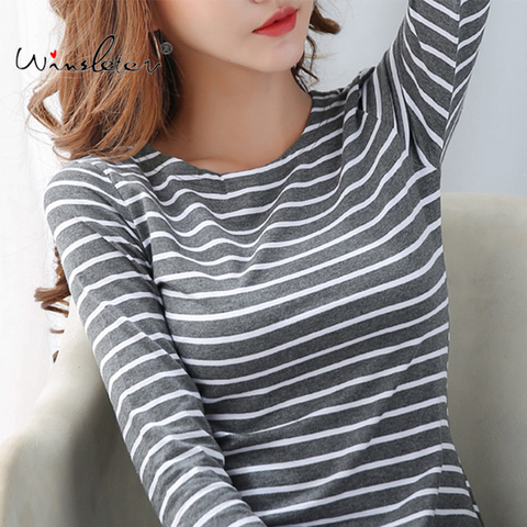 Camiseta de rayas básicos para mujer, ropa informal elástica de algodón de manga larga para primavera y otoño, de talla grande S-5XL ► Foto 1/6