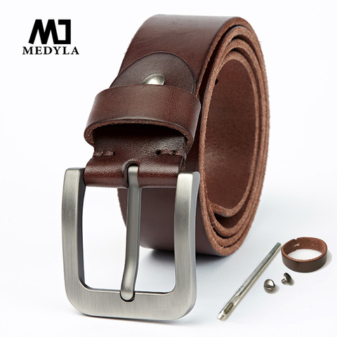 MEDYLA-Cinturón de cuero para hombre, hebilla de acero cepillado duro, cuero suave Original, accesorios de correa de cuero genuino ► Foto 1/6