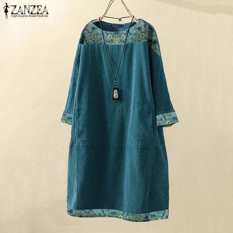 Vestido de pana de otoño Vintage ZANZEA las mujeres Floral impreso de manga larga Casual suelta tapas largas Blusas Vestido hasta la rodilla ► Foto 1/6