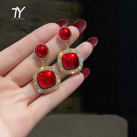 Pendientes de Colgante cuadrado rojo chino para mujer, aretes de lujo a la moda para joyería coreana, regalo inusuales para fiesta para niña 2022 ► Foto 1/6