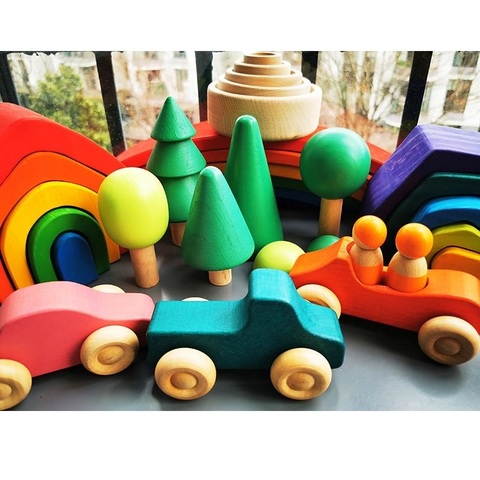 Juguetes de madera para bebés, bloques de apilamiento de arcoíris elemento/sin pintar, bloques de construcción de tronco de árbol, coche, Volcán, Coral de mar, Ola Montessori ► Foto 1/6