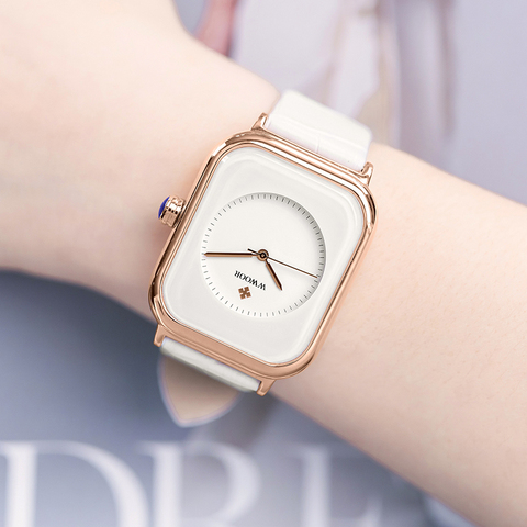 Relojes de moda para mujer, marca WWOOR 2022, reloj minimalista rectangular de cuero blanco, relojes de pulsera de cuarzo para mujer, relojes de pulsera zegarek damski ► Foto 1/6