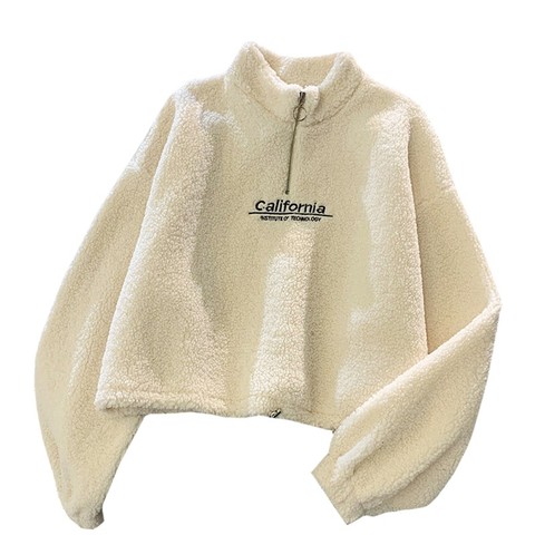 Sudaderas con capucha de cuello alto y corto de Cachemira para mujer, abrigo coreano grueso con cremallera bordada, sudadera de letras de California para otoño ► Foto 1/6