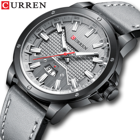 Relojes para hombre, relojes CURREN calendario analógico de cuarzo, reloj de pulsera para hombre, banda de cuero impermeable de moda-gris ► Foto 1/6