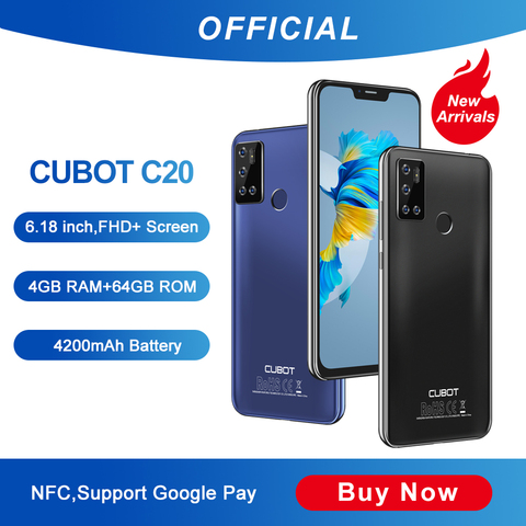 Cubot C20 12MP cuádruple cámara Quad cámara de IA 4GB+64GB Ampliables Smartphone Octa-core 4G LTE celular NFC Apoya Google Pay 6,18 pulgadas FHD + 4200mAh batería WIFI 2,4G/5G Android 10 SIM Dual teléfono móvil ► Foto 1/6