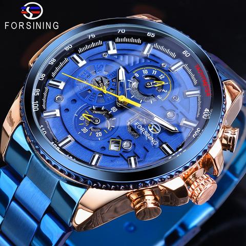 Forsining Rosa caja dorada BlueSteel 3 Dial multifunción de hombre de negocio deporte automática Reloj de pulsera mecánico superior de la marca de lujo de ► Foto 1/6