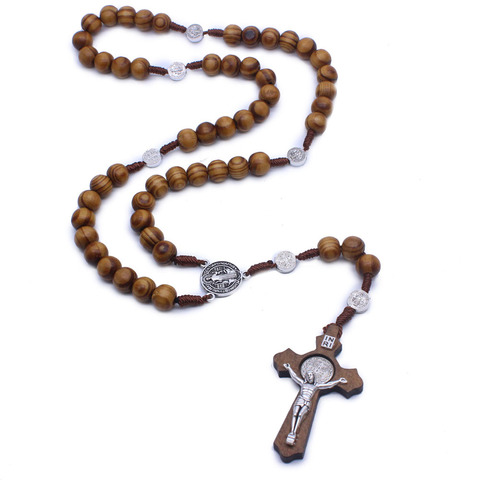 Collares con colgante de Cruz Antigua de madera para hombres y mujeres, collares con cuentas de Jesús, santo, Benito, regalos de joyería artesanal ► Foto 1/5