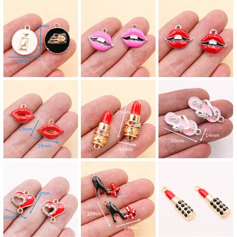 Colgante de esmalte de labios rojos para mujer, Charm de Perfume, pintalabios, tacón alto, P65, 8 Uds. ► Foto 1/6