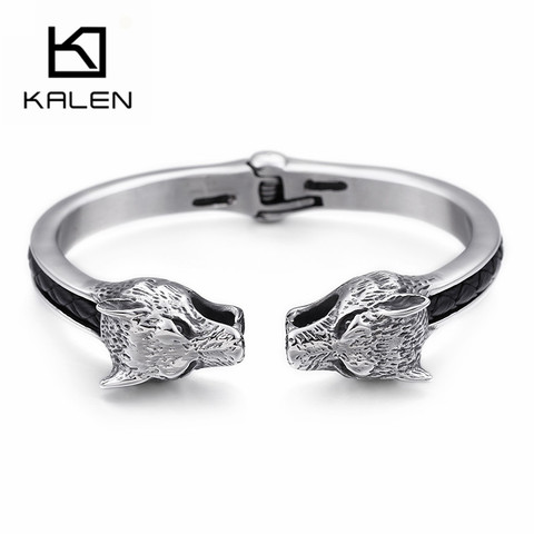 KALEN Rock-Colgante vikingo de lobo para hombre, brazalete de acero inoxidable y cuero genuino, Vintage, abierto, joyería ► Foto 1/6