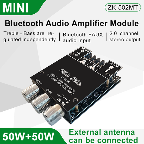 ZK-502MT 2*50W Bluetooth 5,0 placa amplificadora para Subwoofer de 2,0 canales de alta potencia Audio estéreo amplificador de AUX bajo agudos AMP ► Foto 1/5