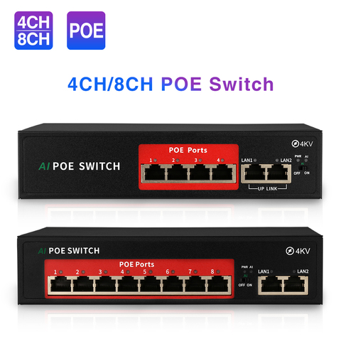 Techage 48V 4CH 8CH conmutador POE de red 10/100Mbps IEEE 802,3 af/a sobre Ethernet IP AP inalámbrico sistema de cámaras de CCTV ► Foto 1/6
