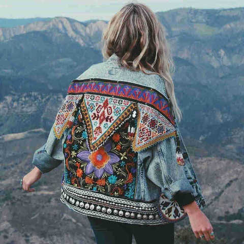 TEELYNN-chaqueta vaquera Bohemia para mujer, abrigo vintage bordado con apliques florales, prendas de vestir exteriores de manga larga, abrigo para mujer ► Foto 1/6