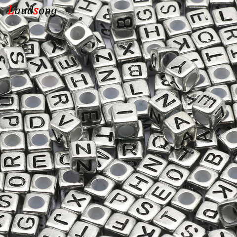 Cuentas acrílicas de letras mezcladas para fabricación de joyas, collar de pulsera, Color plateado, 100/200/300 Uds. ► Foto 1/6