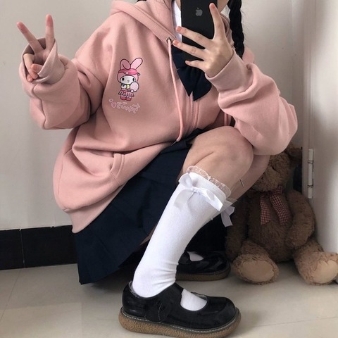 Sudadera con capucha con impresión de Anime para mujer, sudadera de manga larga con estampado bonito, además de terciopelo, sudadera Kawaii de invierno con cremallera para mujer ► Foto 1/6