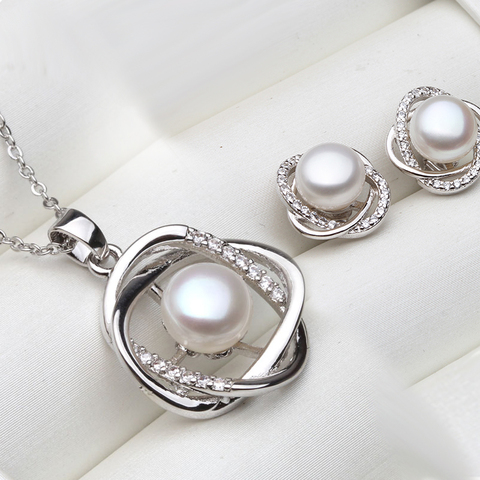 Conjunto de collar y pendientes de plata de ley 925 auténtica para mujer, Conjunto Clásico de colgante de perlas naturales para boda, regalo blanco, negro y gris ► Foto 1/6