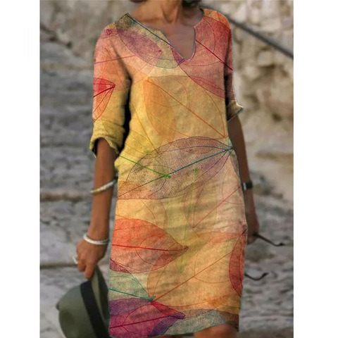 Vestido holgado de media manga con cuello de pico para mujer, ropa informal Vintage a la moda, para primavera y otoño, combina con todo, de talla grande, para playa ► Foto 1/6