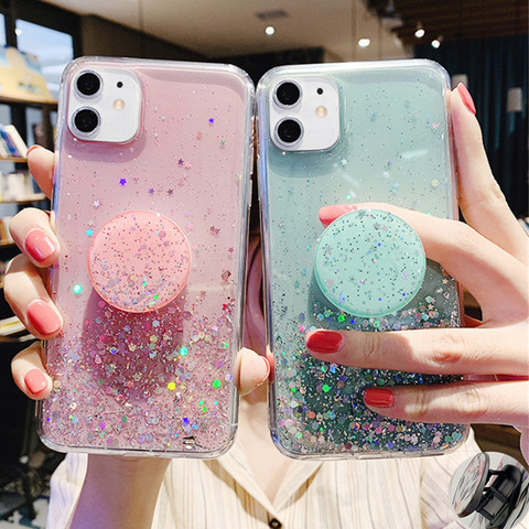 Funda suave y limpia con purpurina brillante 3D para iPhone 11 Pro Max XR X XS 6s 7 8 Plus, funda trasera con soporte para iphone 11 XR ► Foto 1/6