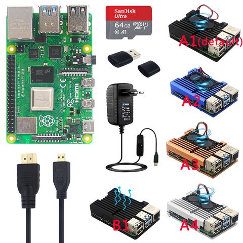 Raspberry Pi-Kits de Raspberry Pi 4 Modelo B originales carcasa de aluminio con ventilador Dual + tarjeta SD de 32/64 GB + adaptador de corriente + Cable HDMI para RPI 4 ► Foto 1/6