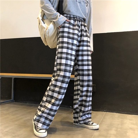 Pantalones de cuadros blancos y negros para mujer, pantalón holgado de  cintura alta, largo hasta el tobillo, de pierna ancha, kawaii Coreano -  Historial de precios y revisión | Vendedor de AliExpress -