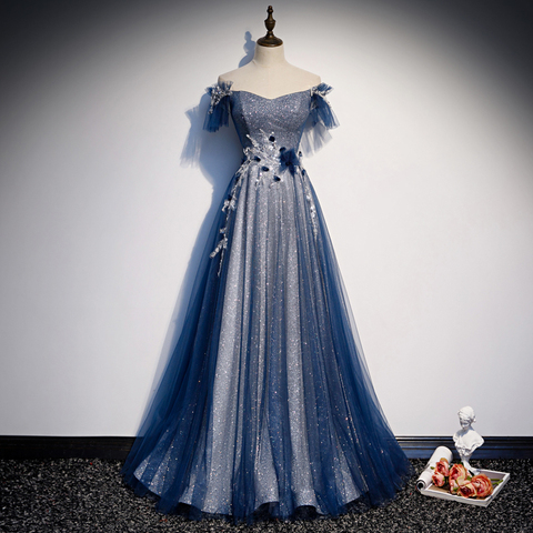 Noche Vestidos azul marino de la cordón hombro Bling de piso línea de longitud personalizado de talla grande vestido Formal R1365 ► Foto 1/6