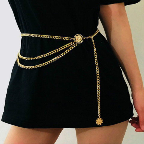 Cinturón de cintura alta para mujer, cadena de Metal gruesa, con flecos, cadena estrecha dorada y plateada, con diamantes de cristal ► Foto 1/5