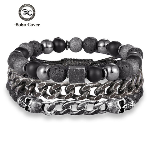 Punk 3 uds 1Set calavera piedra cuentas pulsera hombres hematita Vintage multicapa enlace cadena pulsera hombre hecho a mano joyería personalizada regalo ► Foto 1/6