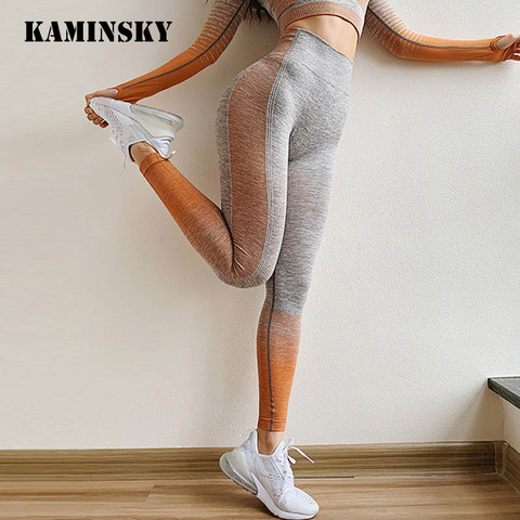 Kaminsky-Leggings deportivos sin costuras para mujer, pantalones de cintura alta, Jeggings de realce, Sexy, para Fitness, gimnasio, entrenamiento, a rayas ► Foto 1/6