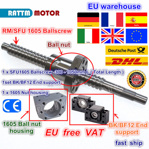 DE SFU1605 Ballscrew-L300mm/ 500mm/ 600mm /800mm/1050mm extremo mecanizado y husillo DE bolas y soporte BK/BF12 y carcasa DE tuerca para enrutador CNC ► Foto 1/6