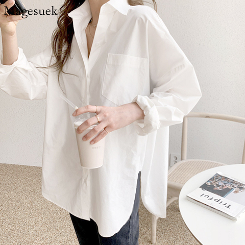 Blusa holgada informal de algodón con manga larga para oficina, camisa blanca de talla grande para mujer, con botones, 2022 ► Foto 1/1