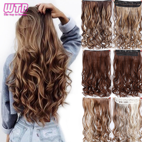 WTB-extensiones de cabello de 60cm de largo ondulado, 5 Clip en una pieza, alta temperatura, sintético, negro, marrón, para peluquines para mujer ► Foto 1/6