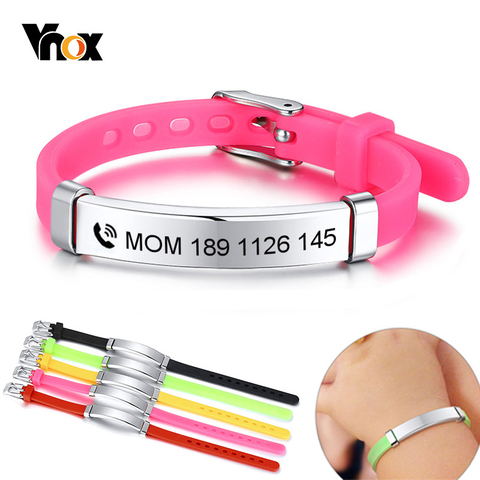 Vnox personalizar las pulseras de identificación del bebé de los niños de acero inoxidable del timón de silicona suave NOMBRE DE EMERGENCIA personalizado de los niños y niñas ► Foto 1/6