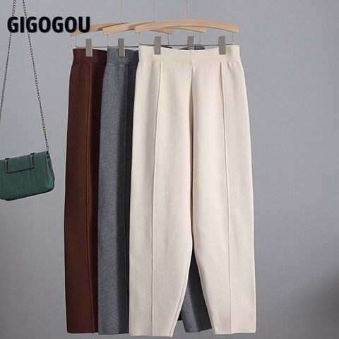 GIGOGOU grueso de punto pantalones calientes Vertival rayas mujeres Harem pantalones otoño WinterSolid Peg pierna bragueta del pantalón ropa de trabajo zanahoria pantalón ► Foto 1/6