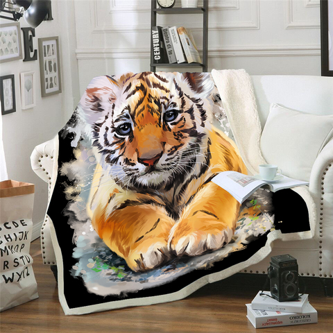 Manta polar de felpa con estampado 3D de tigre para adultos, edredones a la moda para el hogar y la Oficina, edredón lavable, manta de Sherpa informal para niños y niñas ► Foto 1/5