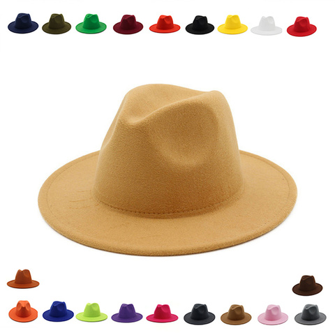 Sombrero fedora de ala ancha para mujer, vestido formal liso de otoño, boda, sombreros de Camel negro y blanco, fedora de fieltro clásica de jazz para invierno ► Foto 1/6