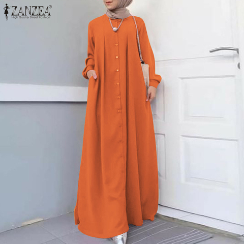 ZANZEA-vestido clásico musulmán hiyab, Vestido largo de otoño para mujer, Vestido largo de manga larga con botones, ropa informal islámica, caftán ► Foto 1/6