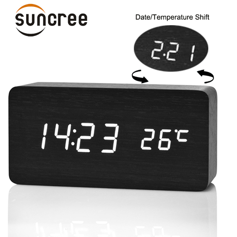 Reloj despertador LED de madera Suncree Fecha de visualización + hora + Celsius/Fahrenheit función de Control del sonido de la temperatura una mesa de escritorio relojes ► Foto 1/1